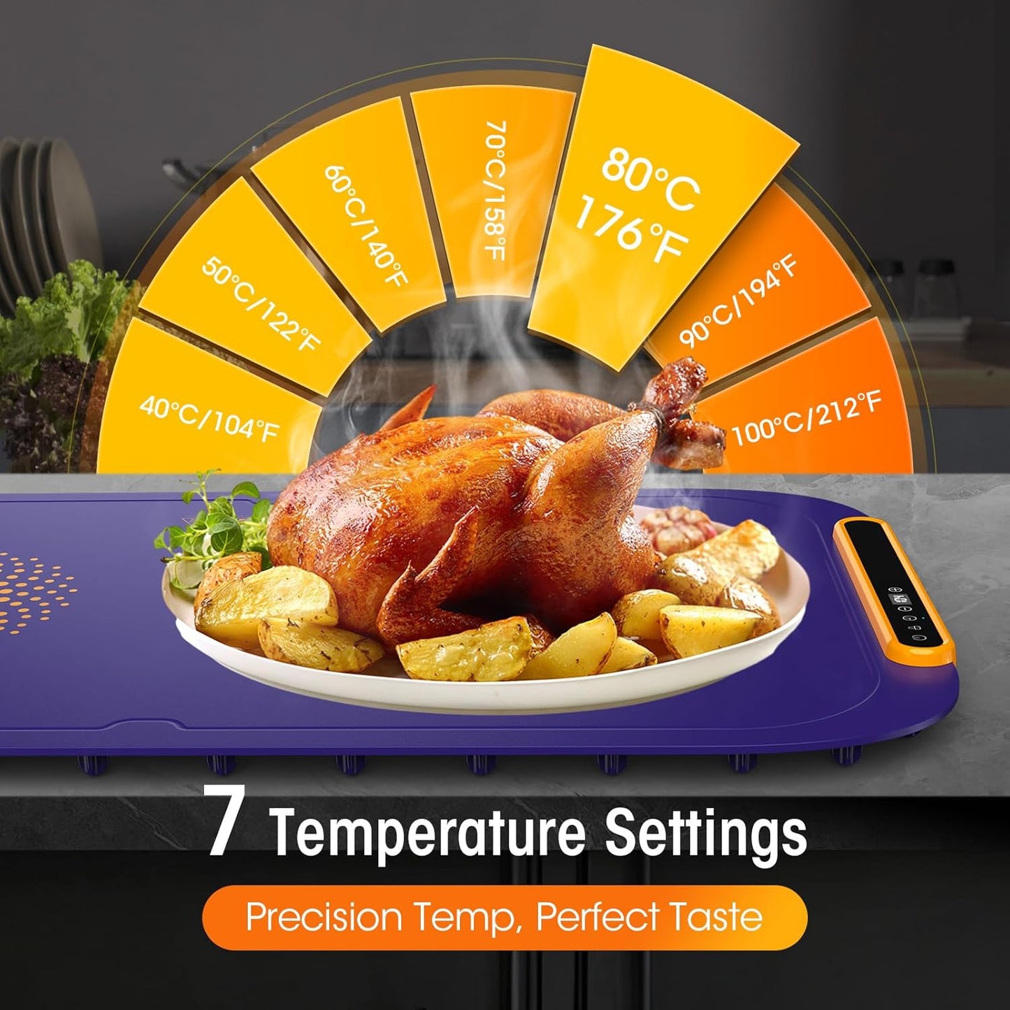 Warming Mat for Food, Extra Large, Food Warming Mat for Countertop, Food Warmer Mat with AI 7 Temperature Settings, Child Lock, Raised Feet Protects Table, Fast 8S Heating,Parties,Buffets,Daily Use