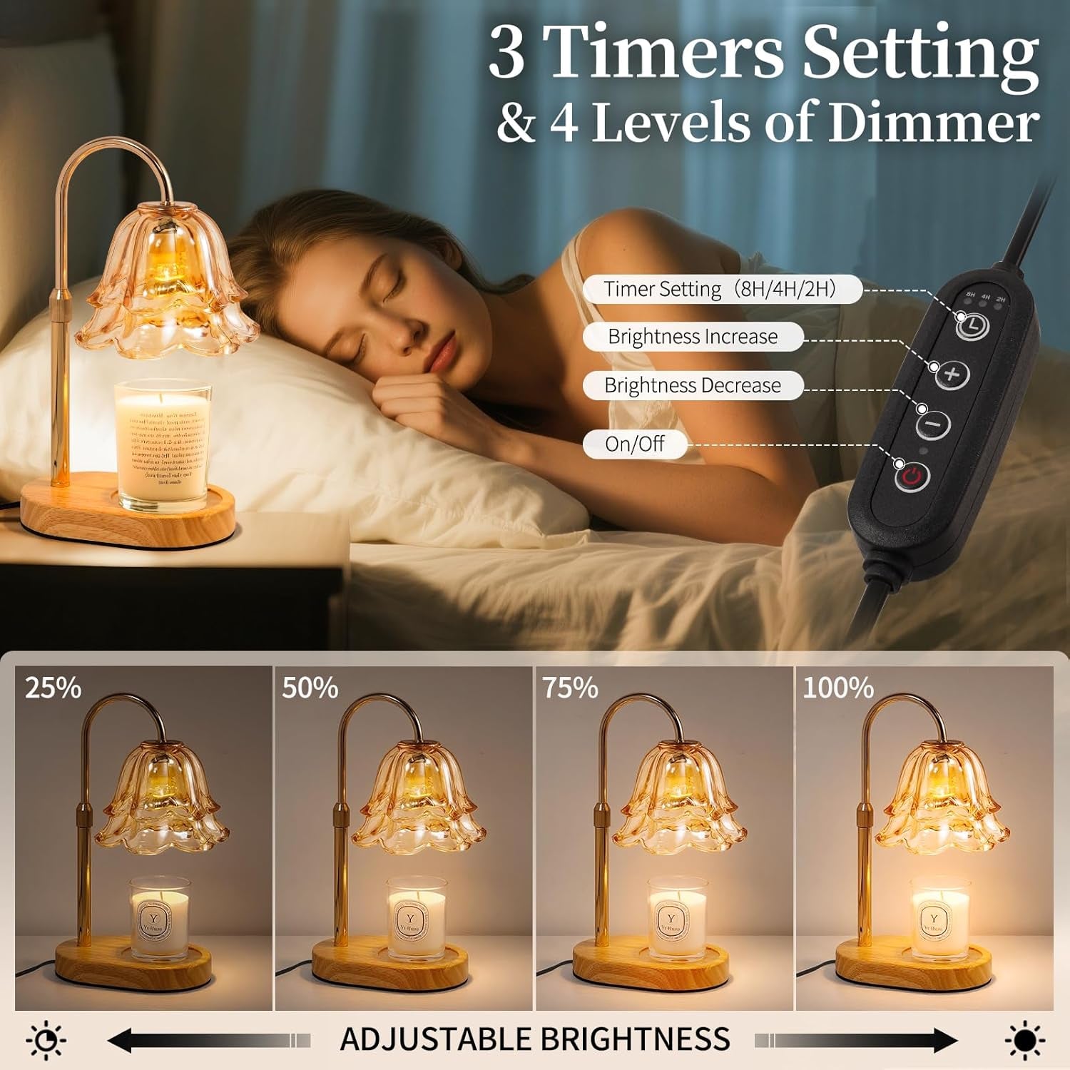 Flower Candle Warmer Lamp with Timer - Dimmable Electric Candle Warming Lamps, Adjustable Wax Melter Wamers Light for Jar Candles, Birthday Gifts for Women, Christmas New Home Decor, Gold